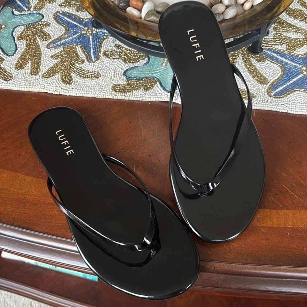 Brand New Lufie Essential Patent Black Flat Flip Flop Sandal + Comfort Thongs